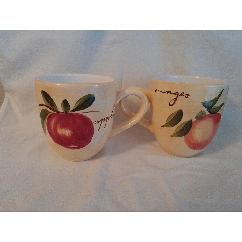 Pier 1 Provence Hand painted Orange Apple large earthenware coffee/ tea mugs